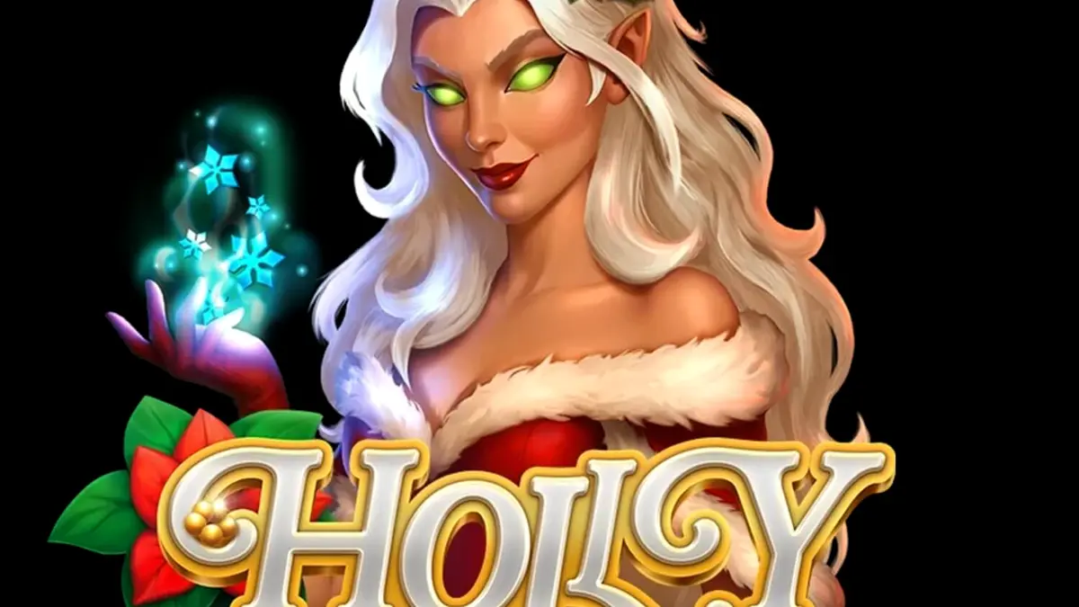 Cena festiva de inverno do jogo de caça-níqueis Holly com luzes de fadas e decoração de pinheiro.