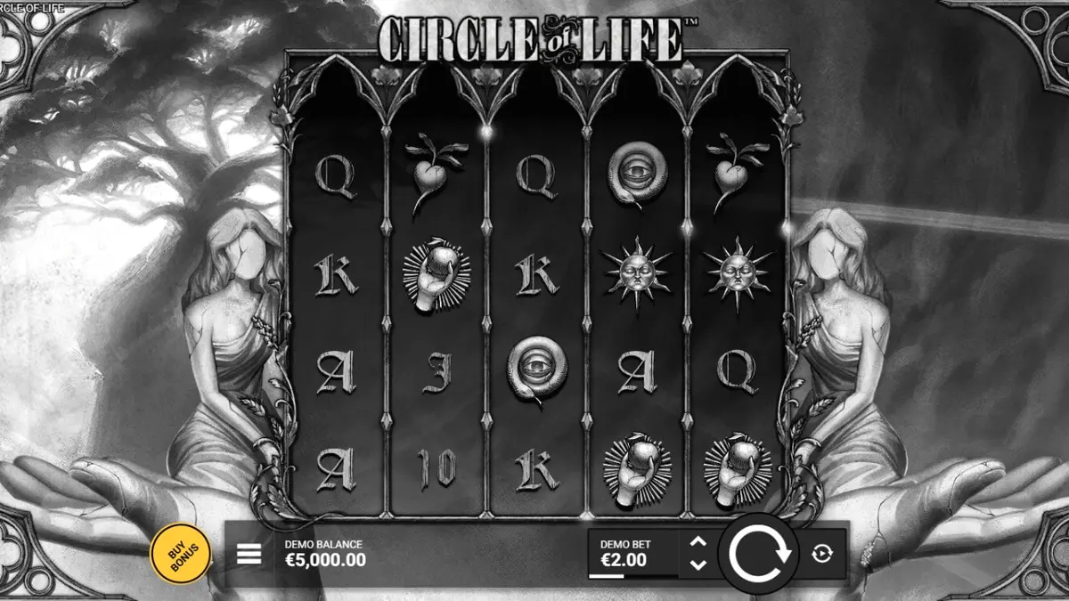Interface do slot Circle of Life com estética monocromática e elementos da natureza