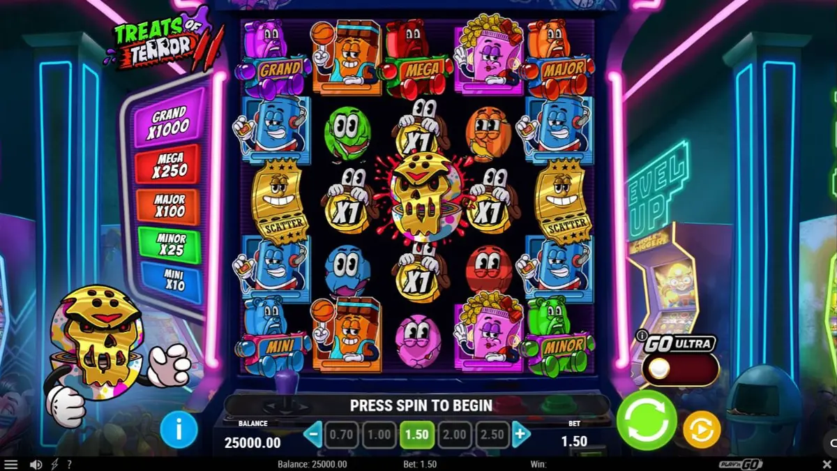 Interface neon e colorida do slot Treats of Terror 2 com elementos de arcade